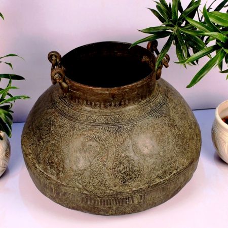 Carved Flower Vintage Copper Planter With Ring Handles