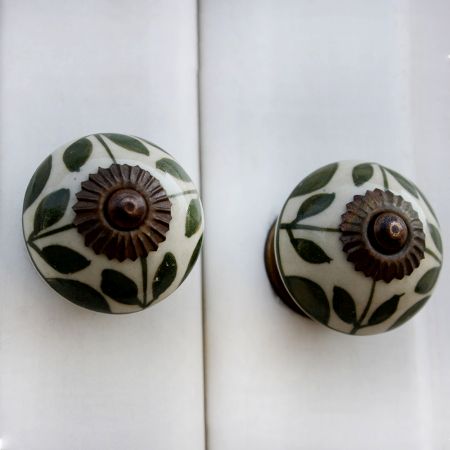 Old Green Floral Ceramic Knob