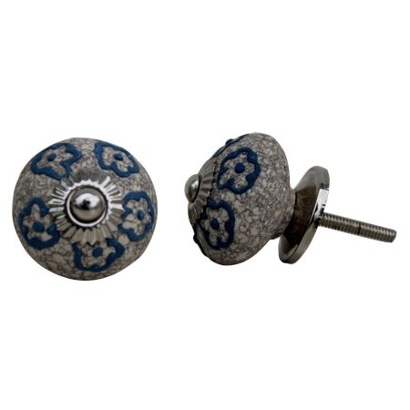 Slate Blue Floral Crackle Ceramic Dresser Knob