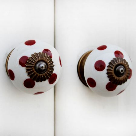 White Red Polka Ceramic Wardrobe Knob