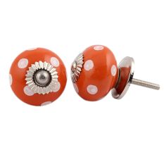 Orange White Polka Dotted Ceramic Knob