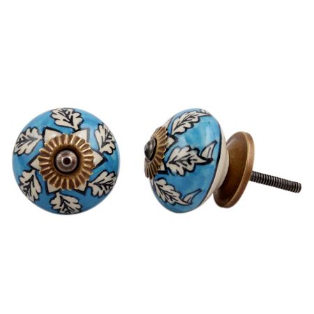 Turquoise Leaf Floral Ceramic Knob