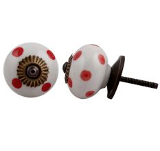 White Red Polka Dotted Ceramic Dresser Knob