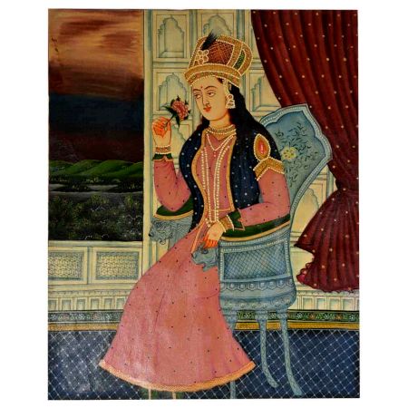 Mughal painting of Mumtaz mahal with a rose 26 X 21