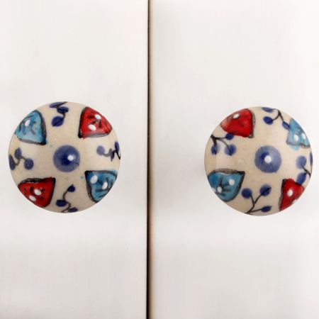 Red Blue Leafy Ceramic Dresser Knob