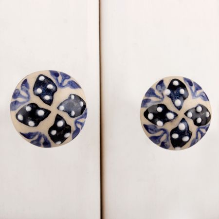 Cream Black Dotted Leaves Ceramic Cupboard Knob