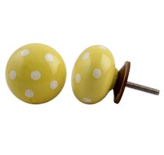 Yellow White Polka Ceramic Dresser Knob