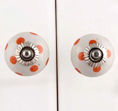 White Orange Polka Ceramic Wardrobe Knob