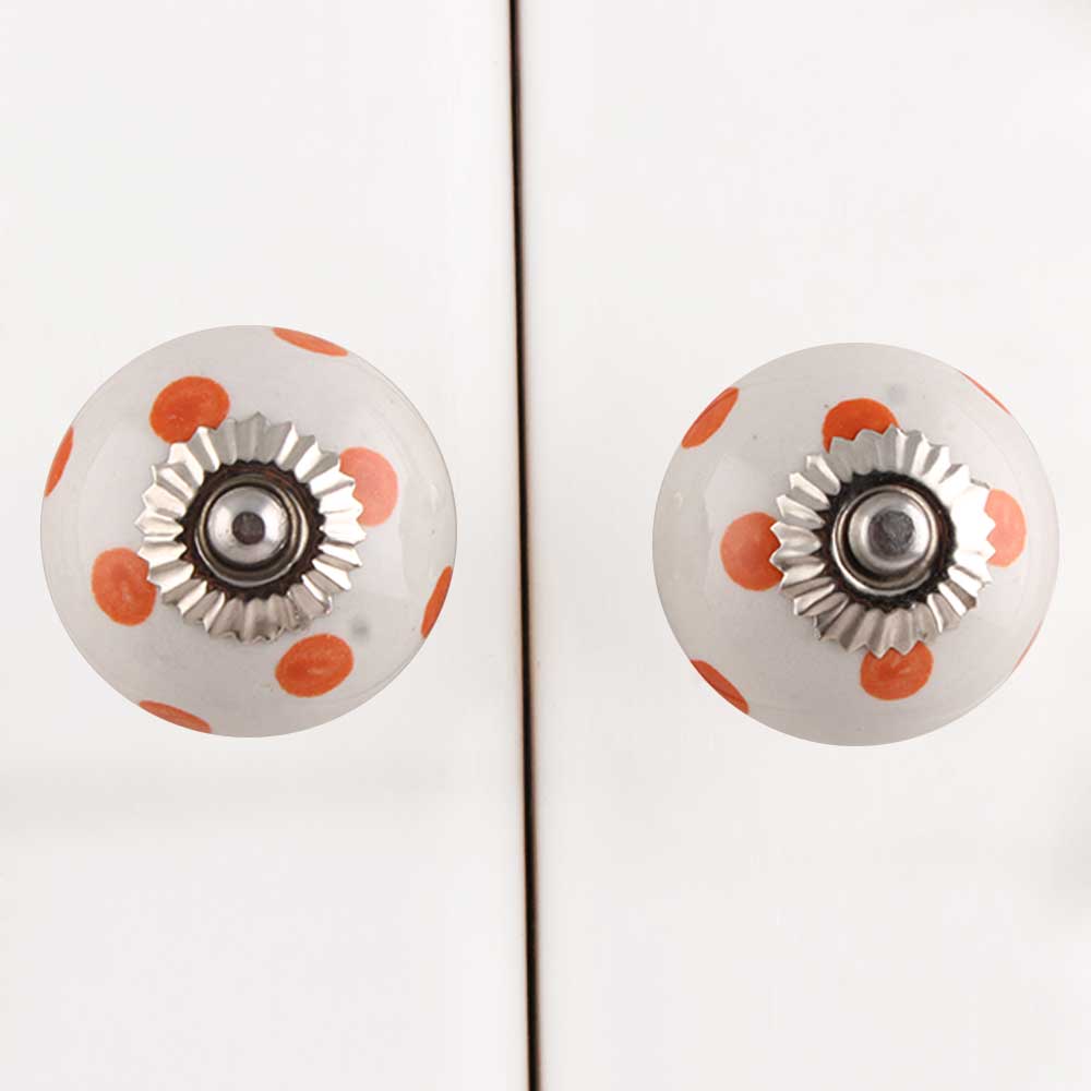 White Orange Polka Ceramic Wardrobe Knob