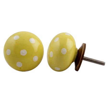 Yellow White Polka Ceramic Dresser Knob