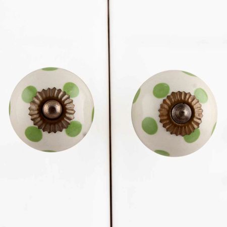 Cream Green Polka Ceramic Drawer Knob