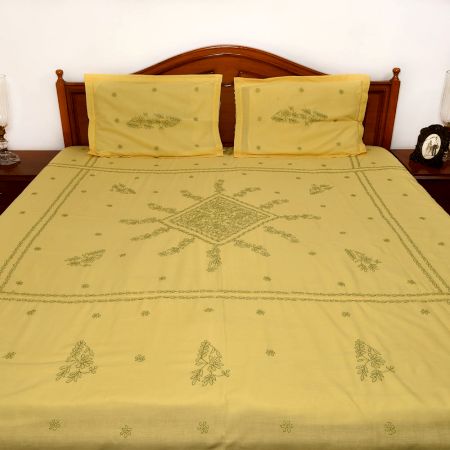 Yellow & Green Embroidered Bedsheet