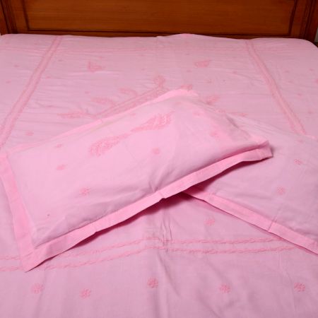 Pink Cotton Embroidered Bedcover