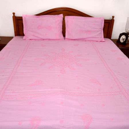 Pink Cotton Embroidered Bedcover