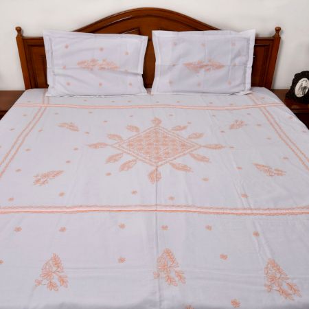 White & Peach Embroidered Bedsheet