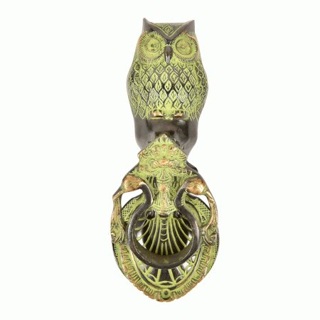 Owl Brass Peacock Door Knocker With Patina