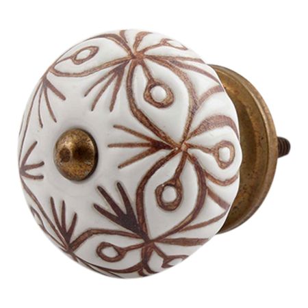 White Brown Floral Etched Knob