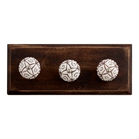 White Base Brown Etched Ceramic Floral Wooden Hooks