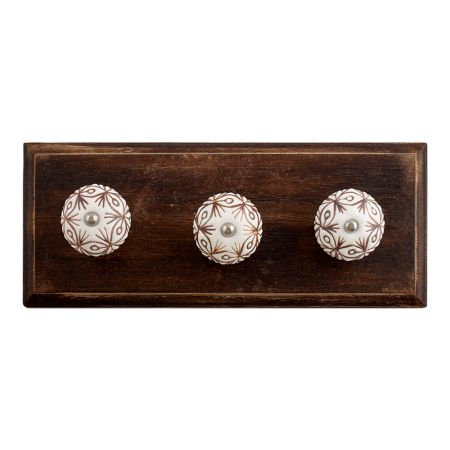 White Base Brown Etched Ceramic Floral Wooden Hooks