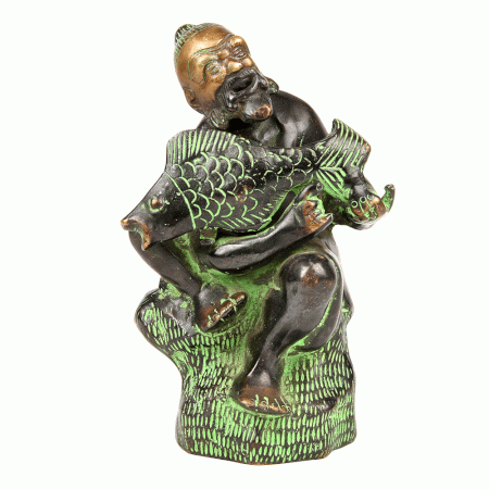 Chinese Bronze Sculpture Figurine Fish Basket