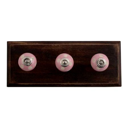 Pink Etched Dot Ceramic Wooden Hooks