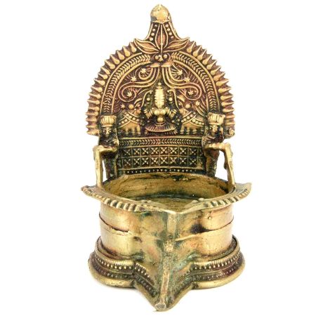 Vintage Goddess Lakshmi Egraved Brass Temple Kamakshi Oil Lamp Diya 