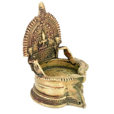 Vintage Goddess Lakshmi Egraved Brass Temple Kamakshi Oil Lamp Diya 