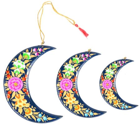 Handmade And Hand-Painted Moon Set Of 3 Paper Mache Christmas Tree Ornaments