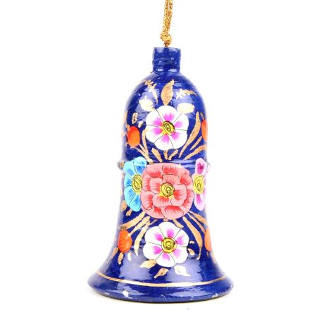 Hand Painted Blue Floral Paper Mache Bell Ornament