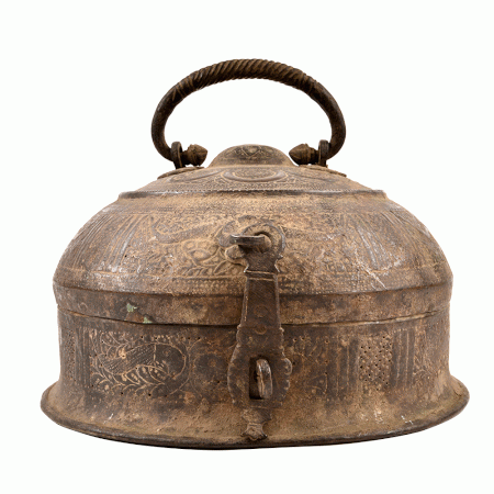 Indian Old Vintage Brass Hand Crafted Engraved Round Storage Box