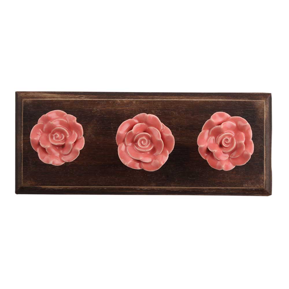 Old Pink Rose Ceramic Wooden Hooks