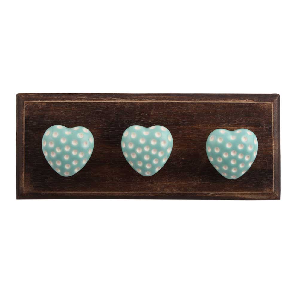 Sea Green Heart Etched Ceramic Wooden Hooks