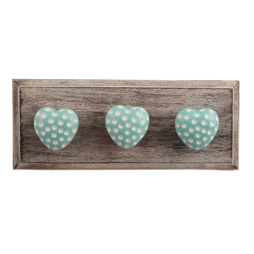 Sea Green Heart Etched Ceramic Wooden Hooks