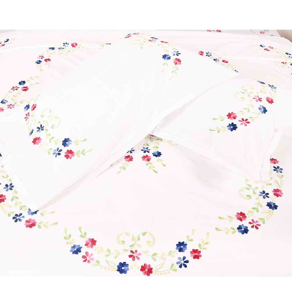 White Hand Embroidered Red Blue Floral Quilt Cover+2Pillow Cover