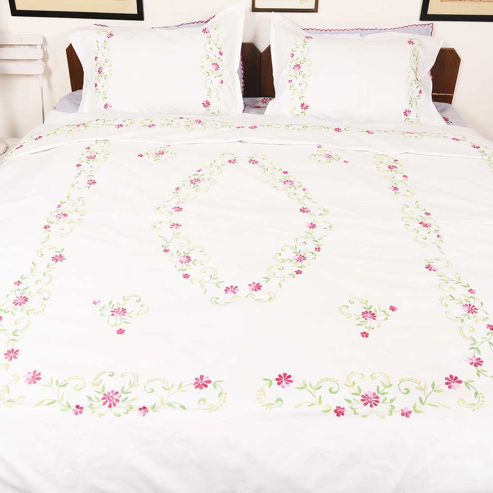 White Cotton Hand Embroidered Pink Petals leaves Duvet Cover+2Pillow Cover