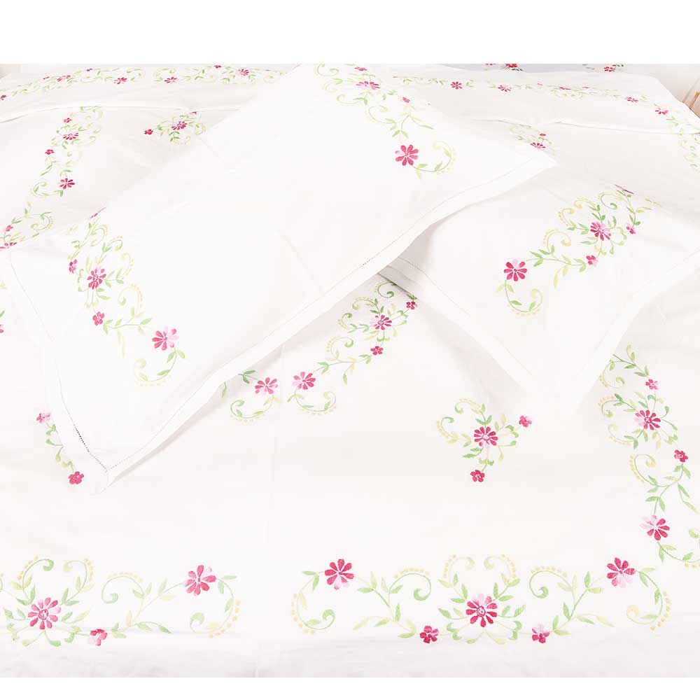 White Cotton Hand Embroidered Pink Petals leaves Duvet Cover+2Pillow Cover