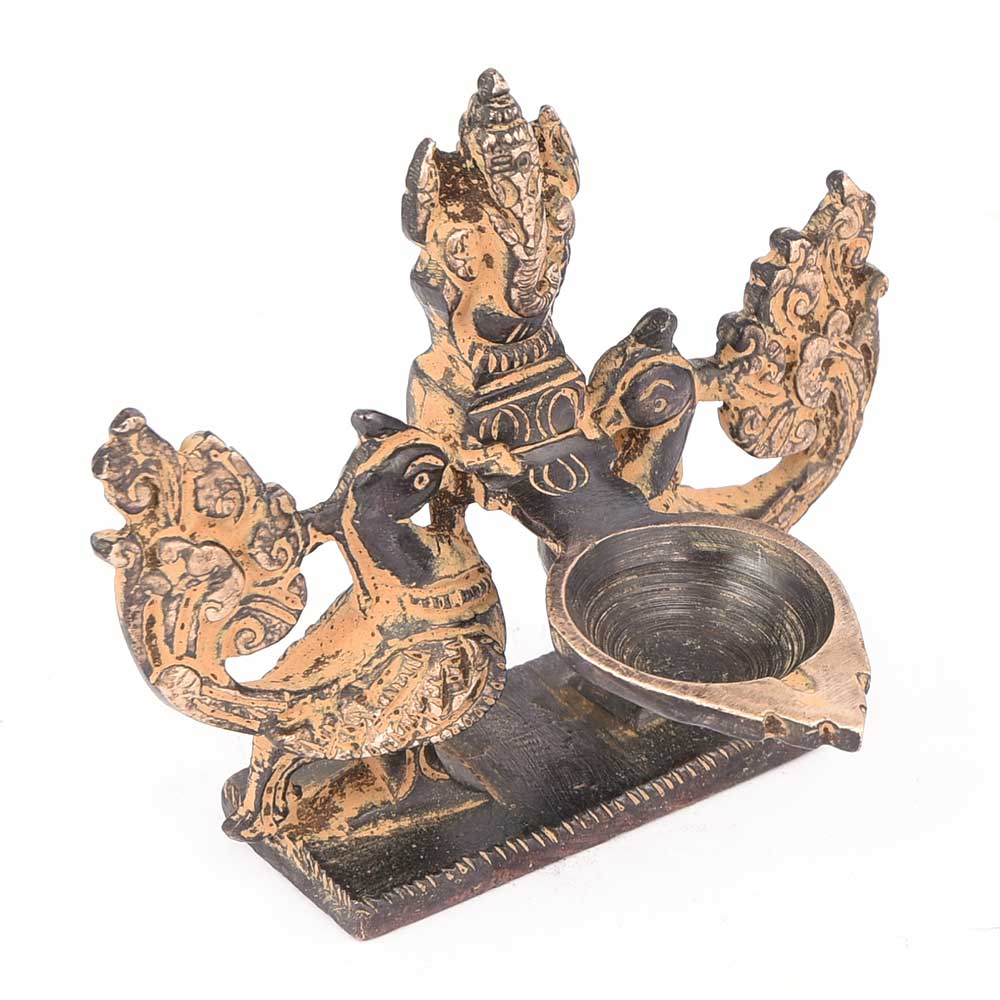 Brass Lamp of Two Peacock Holding Lord Ganesh At Centre