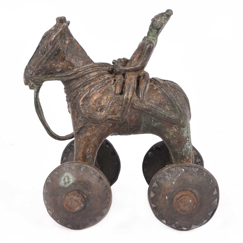 Brass Horse Rider on Wheel Temple Toy