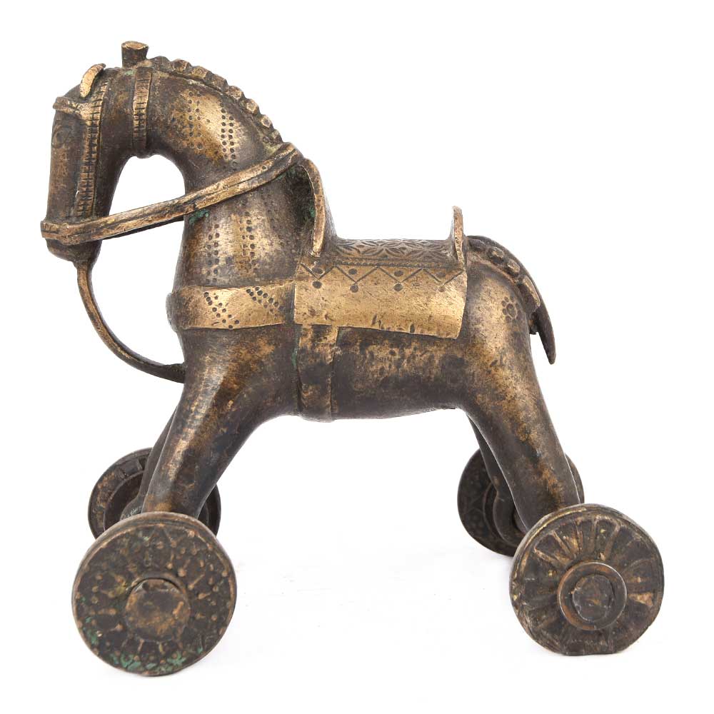 Aged Brass Horse on Wheel