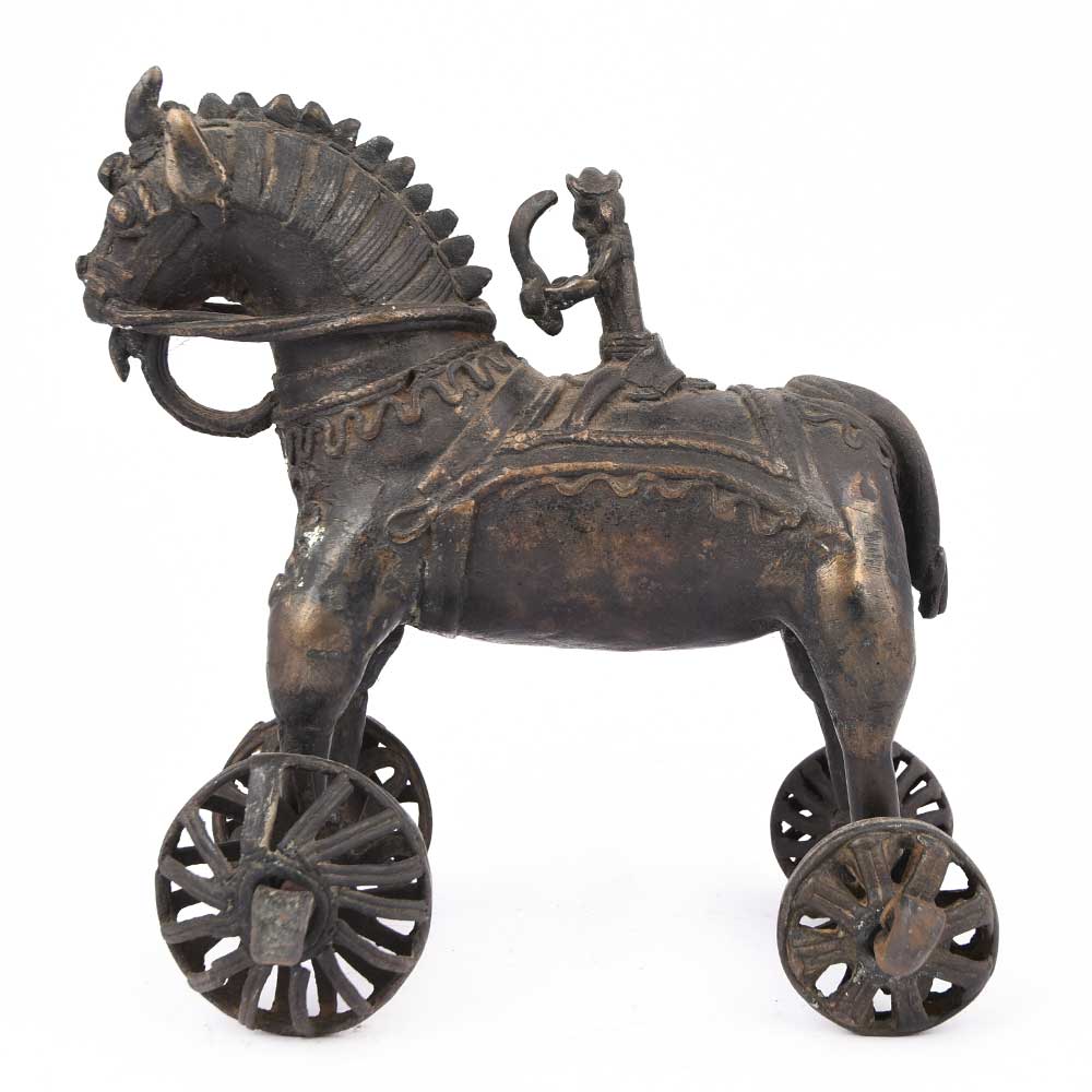 Brass Horse Rider with a Sword on Wheel