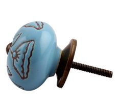 Turquoise Calla Lily Brown Etched Ceramic Cabinet Knob