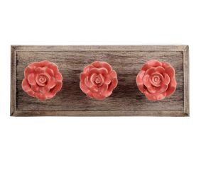 Old Pink Rose Ceramic Wooden Hooks
