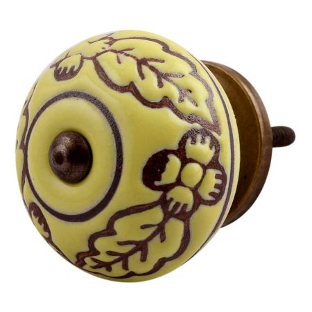Yellow Brown Leaf Flower Etched Knobs