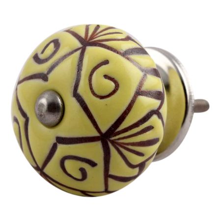 Yellow Base Brown Etched Ceramic Floral Knob