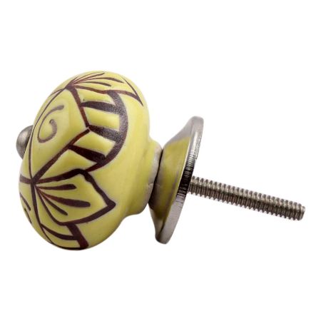 Yellow Base Brown Etched Ceramic Floral Knob