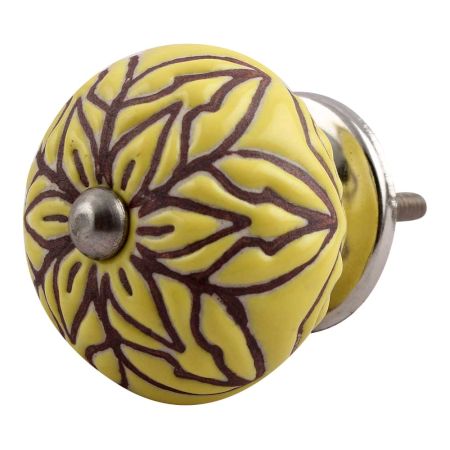Brown Amarylis Floral Etched Ceramic Drawer Knob