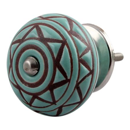 Sea Green Base Brown Pattern Etched Ceramic Drawer Knob