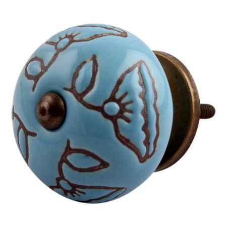 Turquoise Calla Lily Brown Etched Ceramic Cabinet Knob