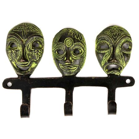 Three Bronze Small Tribal Masks with Wall Hooks Patina Finish