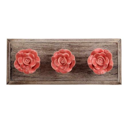 Old Pink Rose Ceramic Wooden Hooks